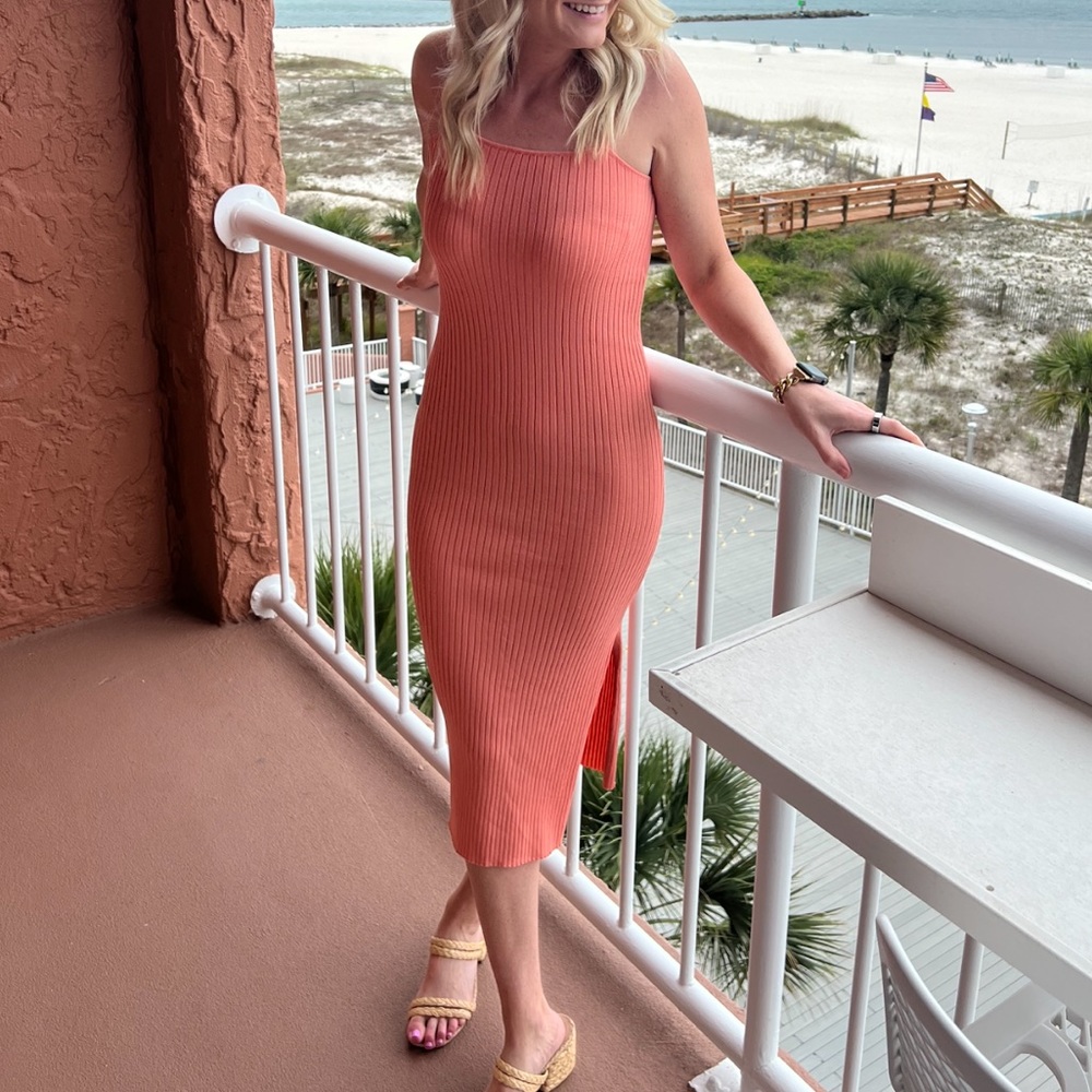 Coral Ribbed Midi Dress